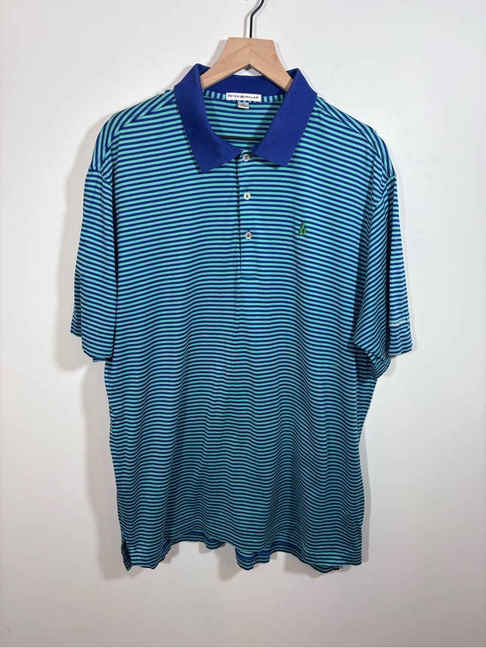 Peter Millar Men’s Golf Polo Blue Stripe Cotton Shirt XL Gold Course